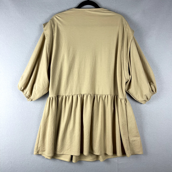 Mango Smock Mini Dress Women Large Tan V Neck Boho Relaxed Peasant Cottagagecore - Picture 10 of 14